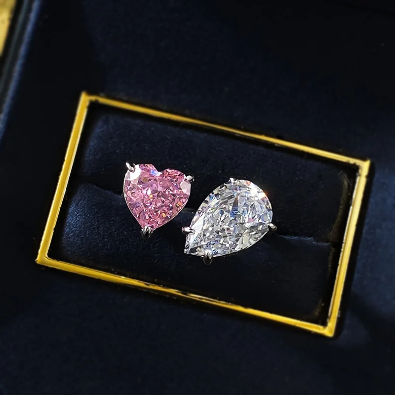 2025 Open Ring High Carbon Diamond Water Drops Ice Flower Cut White Diamond Pink Diamond Raydean Rhodium Plated