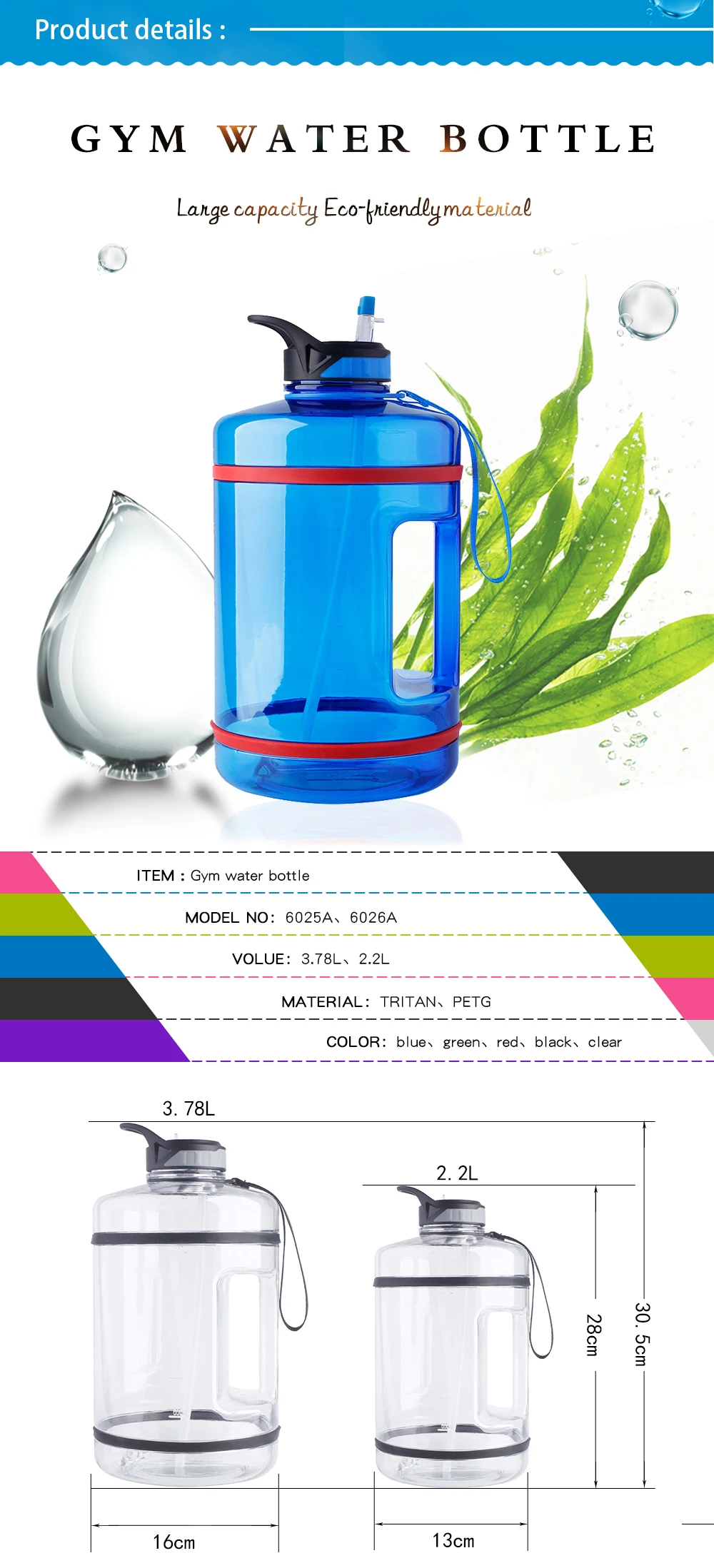 1 gallon 128 OZ wide mouth with straw BPA free gallon water bottle with motivational time marker