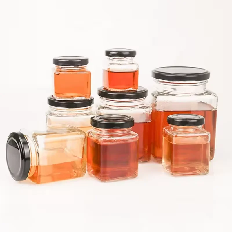 Supplier Black&gold&red&white metal Lids Square glass food jars square glass Jars for Storage Food Honey manufacture