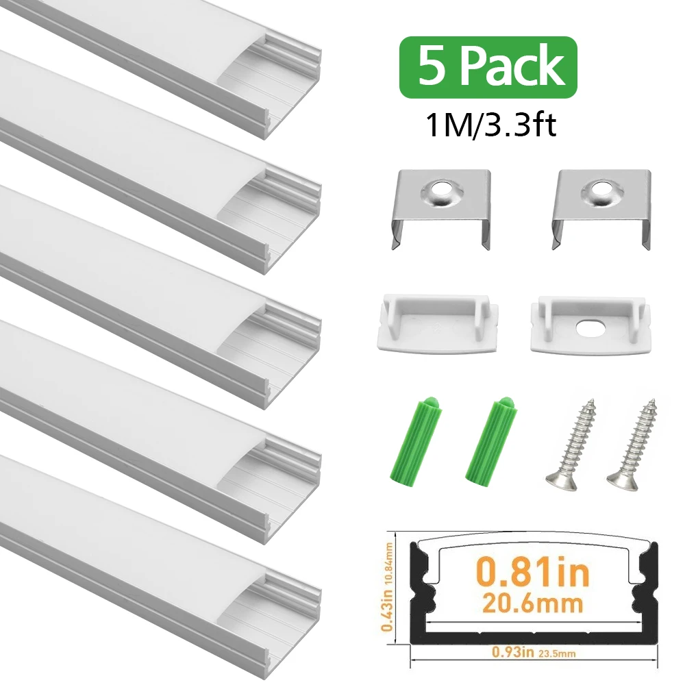 5 Pack 3.3ft/1M U04 U shape aluminum profile channel size for led strip light less than 20mm wide