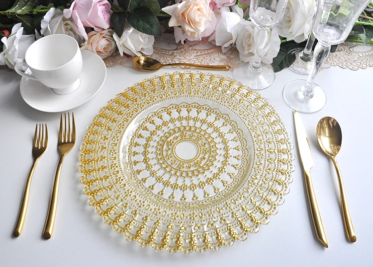 Custom Restaurant Decoration Embossed Gold Glass Plates And Dishes