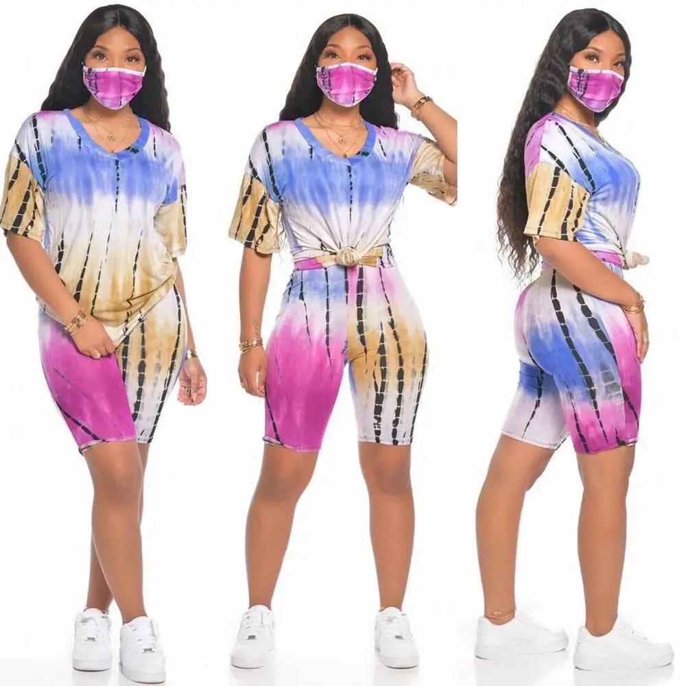 Wholesale 8555 Women Clothing  Tie-dye Short Sleeves Casual 2 Piece Women Outfit Two Pieces  Set