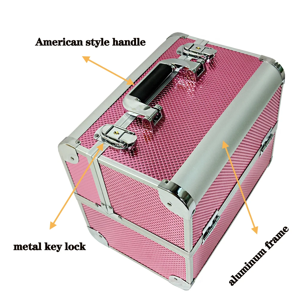 Portable Pink Metal Aluminum Makeup Vanity Box Cosmetic Travel Hard
