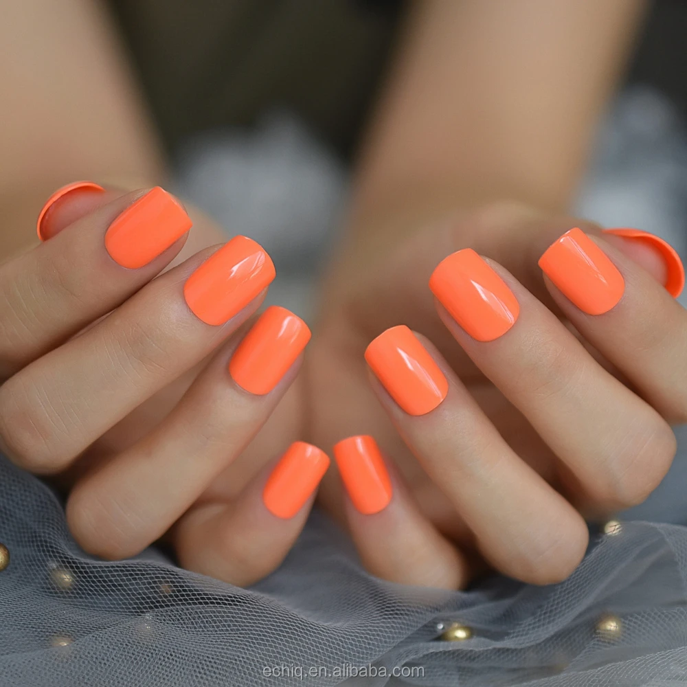 Neon Fake Nails Short For Daily Wear Square Natural Shape Glossy Gel Nails Orange Pink Simple Tips With Adhesive L5445 Buy False Nails Tips Press On Nails Decorative Fake Nails Product On Alibaba Com