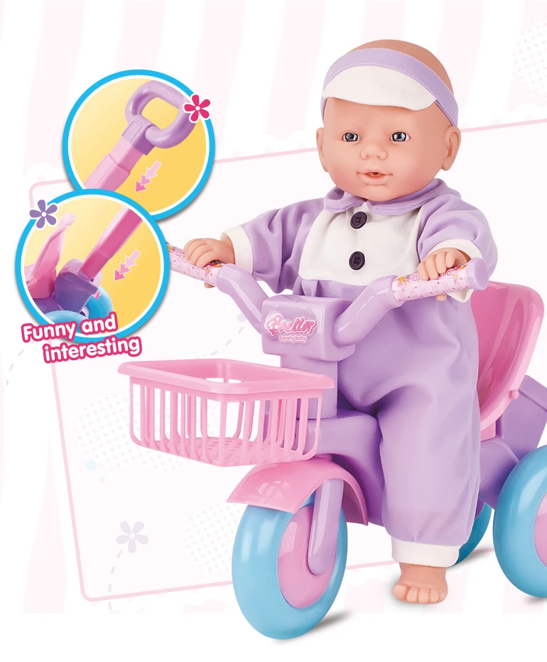 Wholesale lovely baby 15 inch vinyl reborn ride bicycle bike doll toy