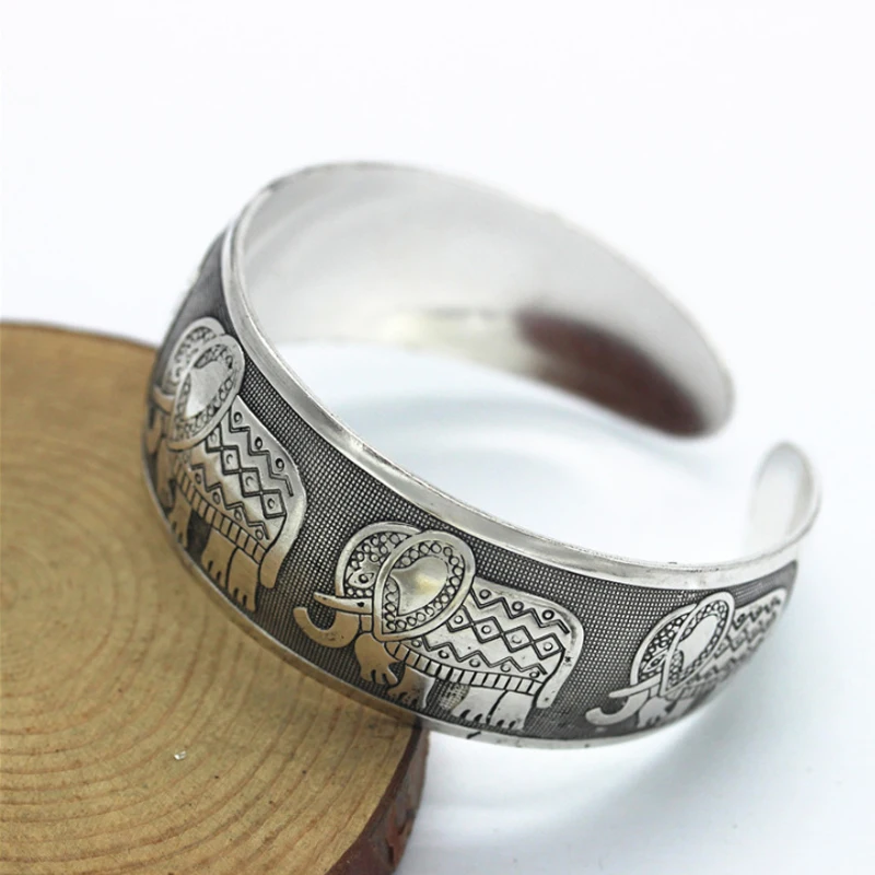 Vantage Elephant Tibetan Silver Adjustable Cuff Bracelet Bangle 1 1/8" Wide 