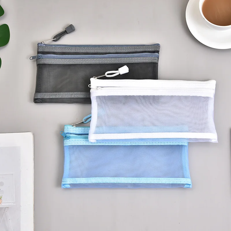 Black Nylon Mesh Zipper Pouch With Zip Document Bag For School Office