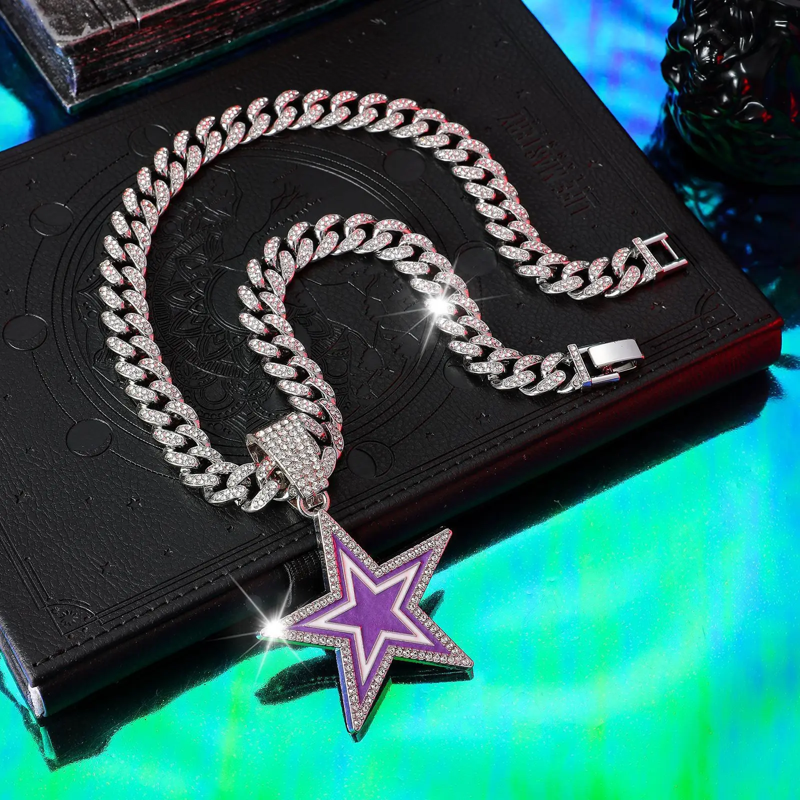 product european american style full diamond blue five pointed star pendant necklace fashionable hip hop design for men women for gift-12