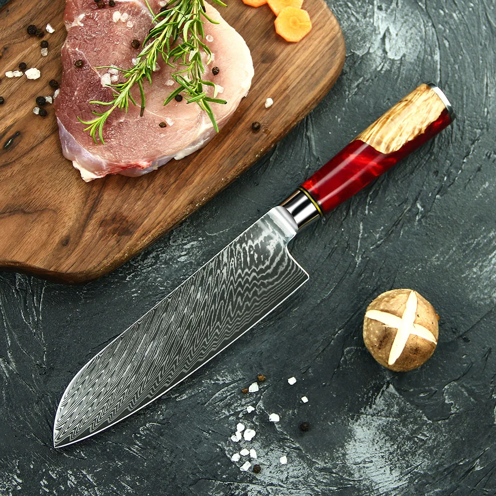 Red Resin Wood Handle Japan Damascus Knife Damascus Santoku Knife Chef