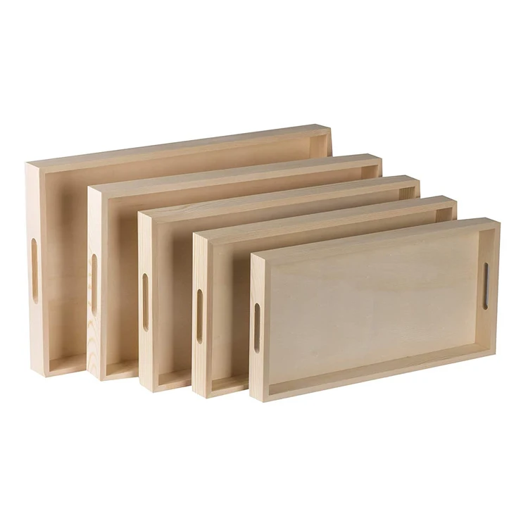 PHOTA Set of 5 Rectangular Shape Wood Trays Wooden Nested Serving Trays for Crafts with Cut Out Handles