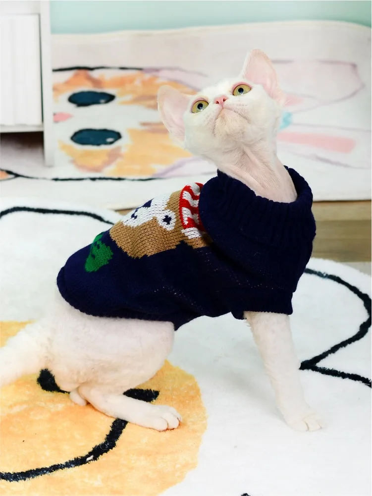 Luxury Cat Sweater Hairless Male Cat Winter Warm Costume Acrylic Christmas Print Cartoon Design Pet Apparel