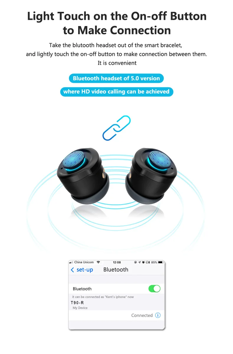 T90 Waterproof BT Headset Earbud Smart Bracelet Sports Watch App Remote Photograph Hand Band - ANKUX.COM