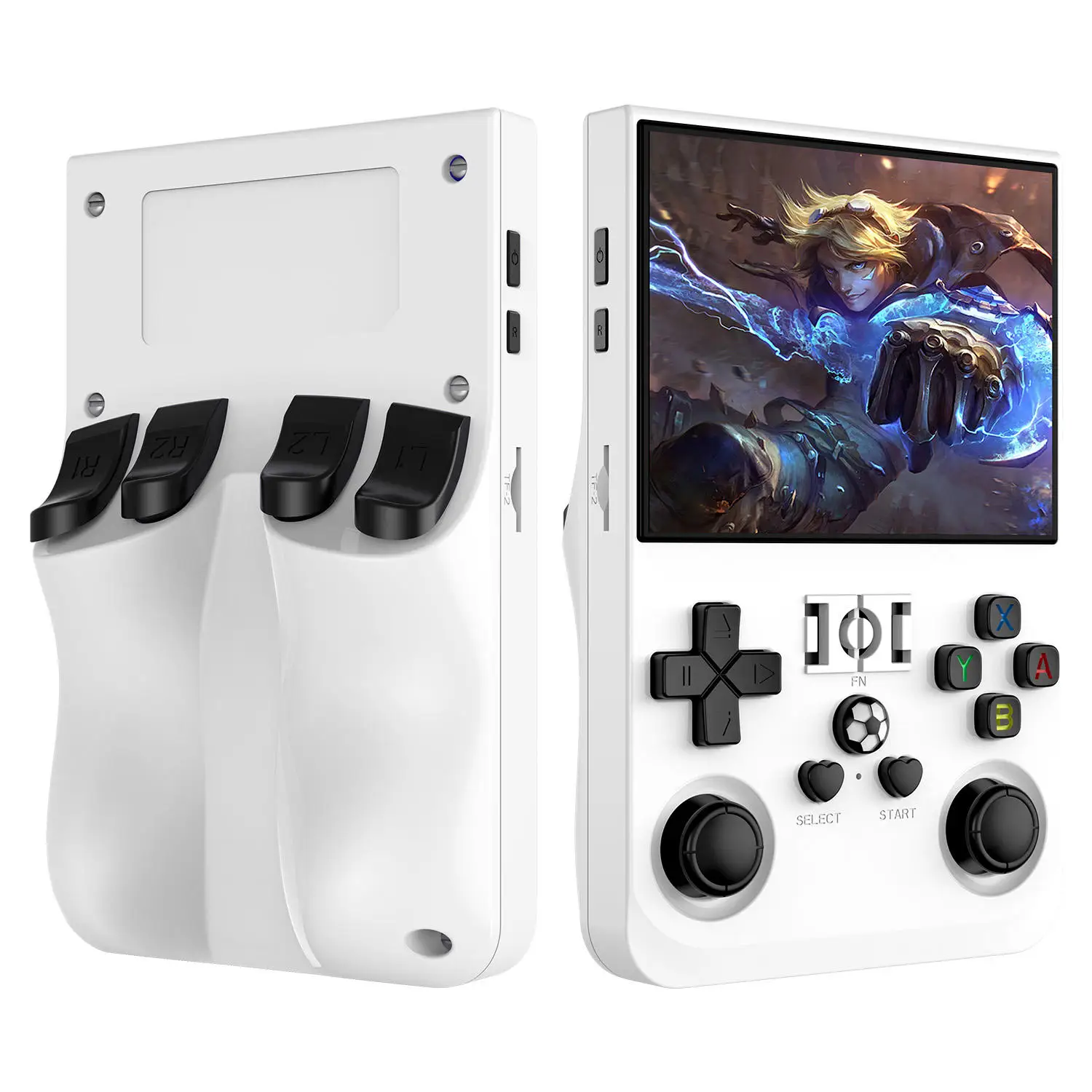 Side-by-side comparison of R36S (left) and R36 Ultra (right) showing size and button layout differences