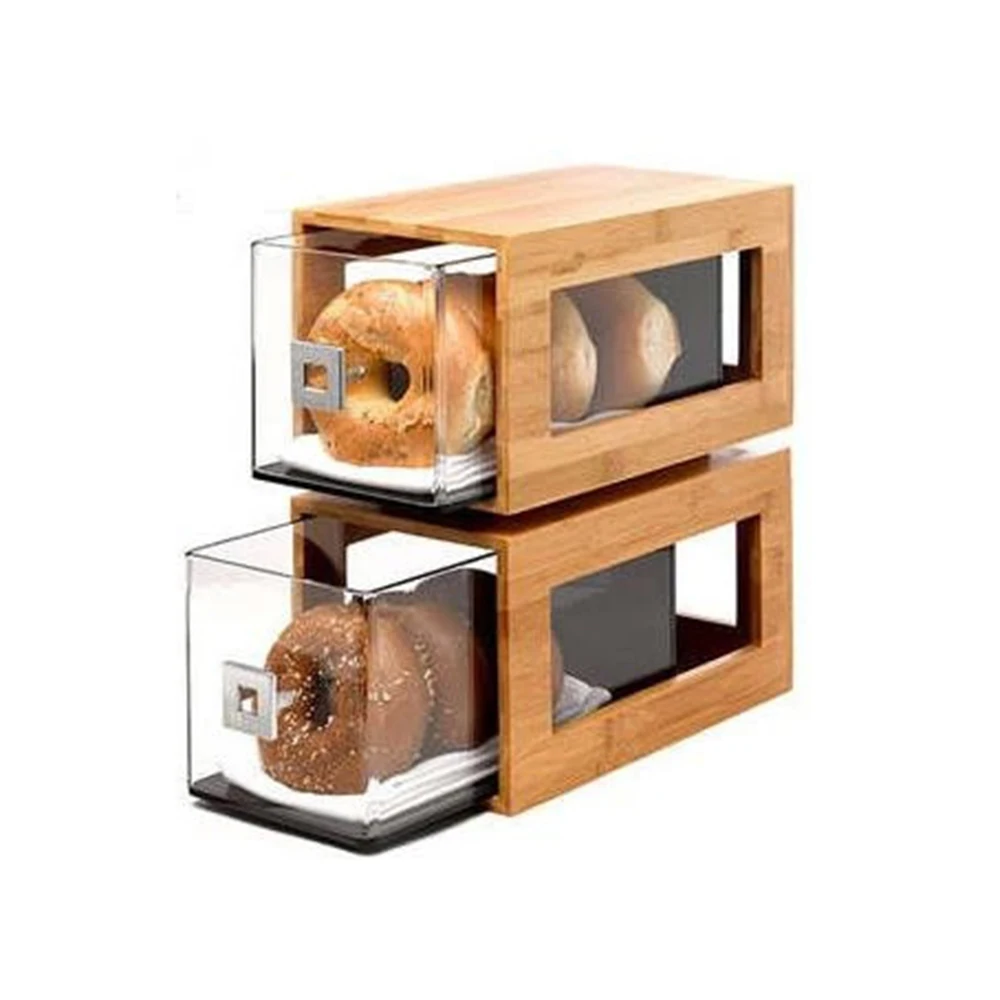 Acrylic Bread Cake Display Box Case With Bamboo Clear Stackable Display