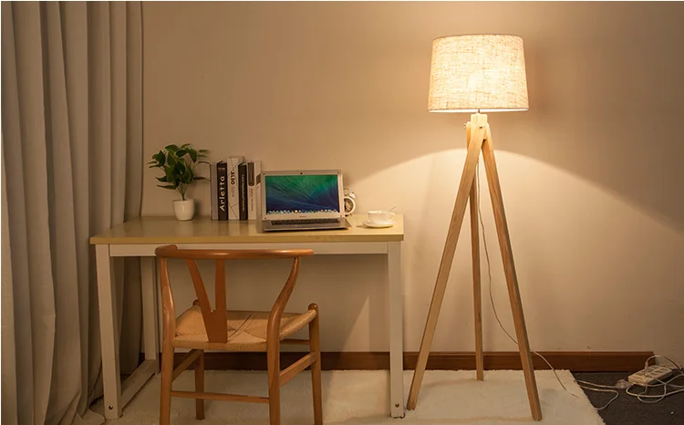 Nodic living room bedroom designer white cloth wooden led tripod floor lamp