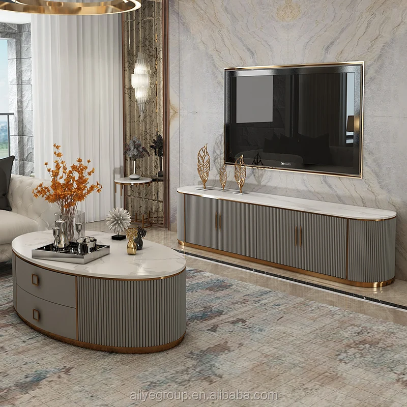Modern Luxury Leather Combination Golden Accessories Marble Top Rectangular Tv Stand Coffee