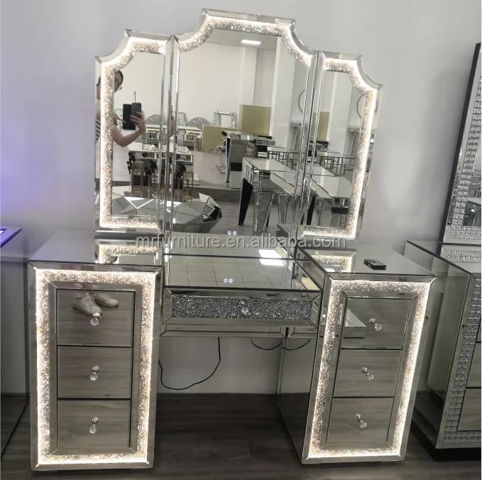 winter diamond dresser New Arrival Mirrored Furniture Crushed Mirrored Dressing Table With Led Light Mirror Best Places for Birthday Web Exclusives Elevate your bedroom with Size:40/34