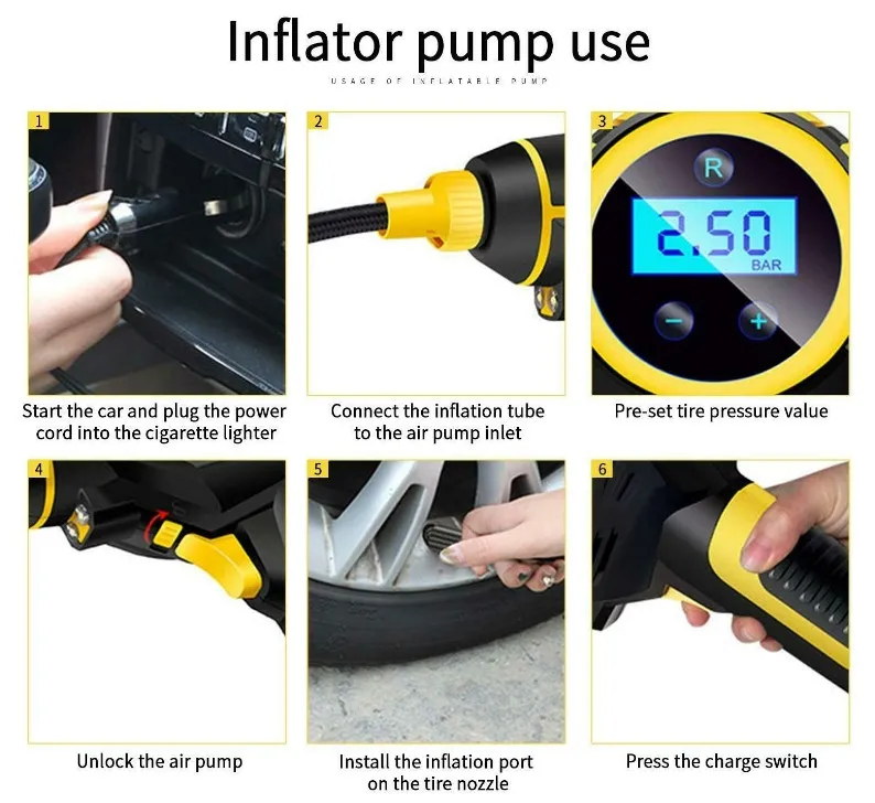 12v Rechargeable Portable Air Compressor Tyre Inflator Gun Automatic