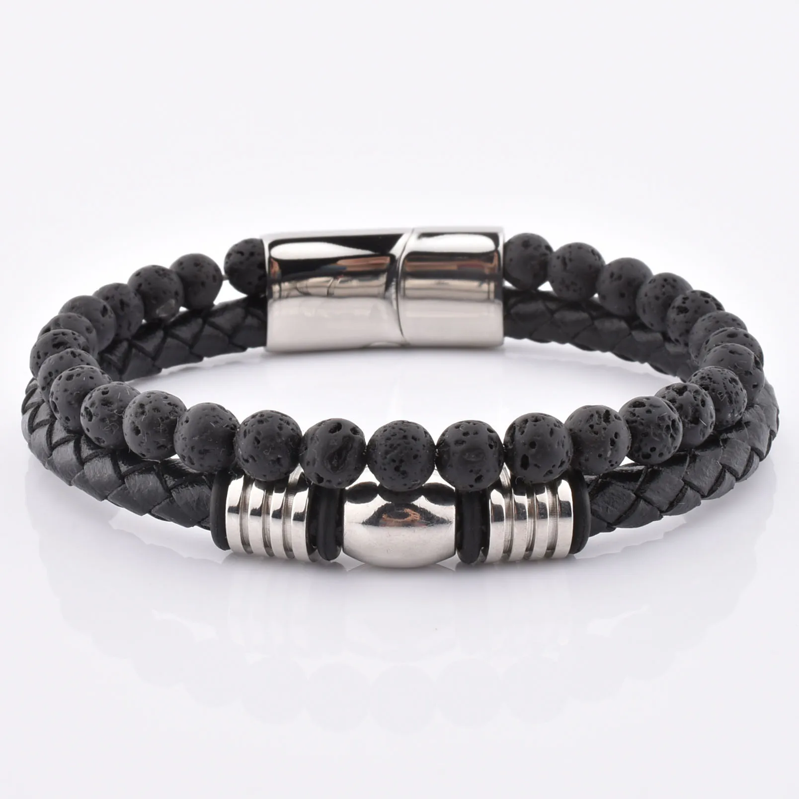 Men Fashion Double Skull Magnetic Leather Wrap Yellow Tiger Eye Bead Bracelet