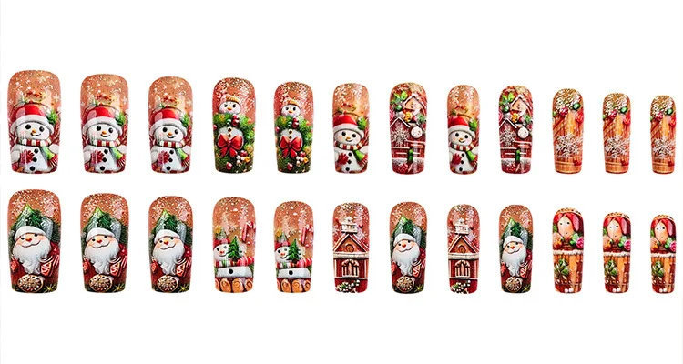 24pcs 3D Christmas Theme Embossed Snowman Nail Designs Art Decoration Wearable Fake Nail Stickers Christmas Nail Pieces