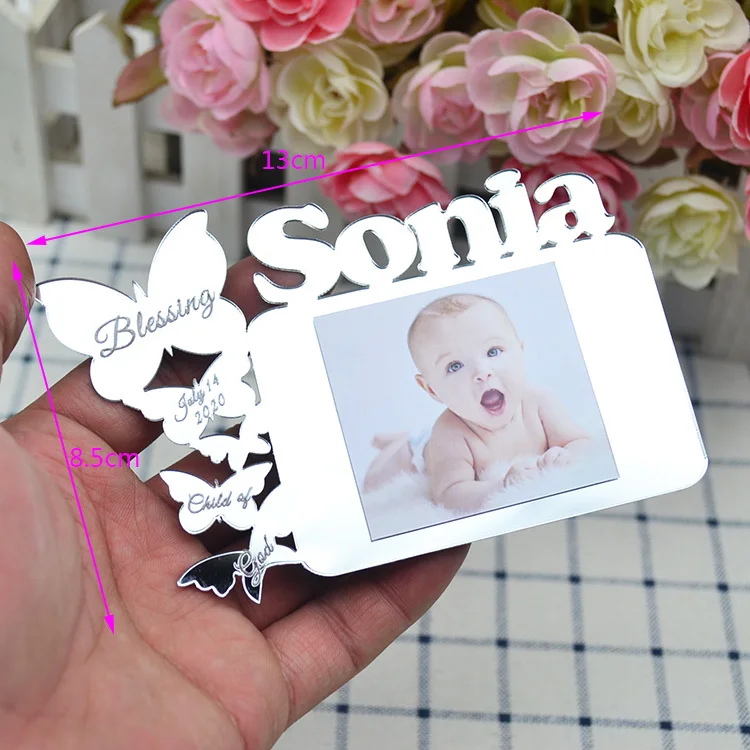 Free customized mirror acrylic laser cut baby photo f<em></em>rame for newborn birthday baby shower guest souvenirs