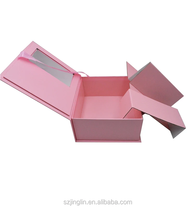 Pink Gold Hot Stamping Logo Rigid Paper Box with Clear PVC Window Ribbon Closure for Wig Hair Extension Packing
