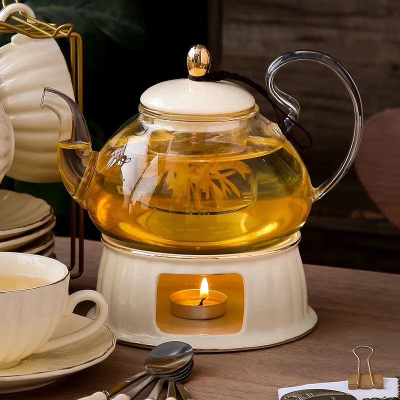 British Handle Ceramic Glass Teapot With Candle Heating Base Set European Porcelain Coffee Pot Afternoon Tea Set Home Decoration factory