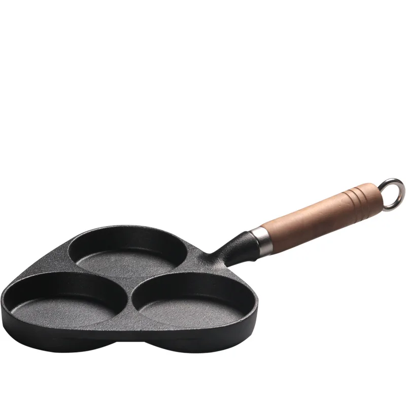 Kitchen Cast Iron Divided 3 Egg Frying Pan Skillet With Wood Handle Buy Nonstick Breakfast