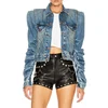 Autumn Apparel Padded Shoulder Women Long Sleeve Denim Cropped Shirring Jacket