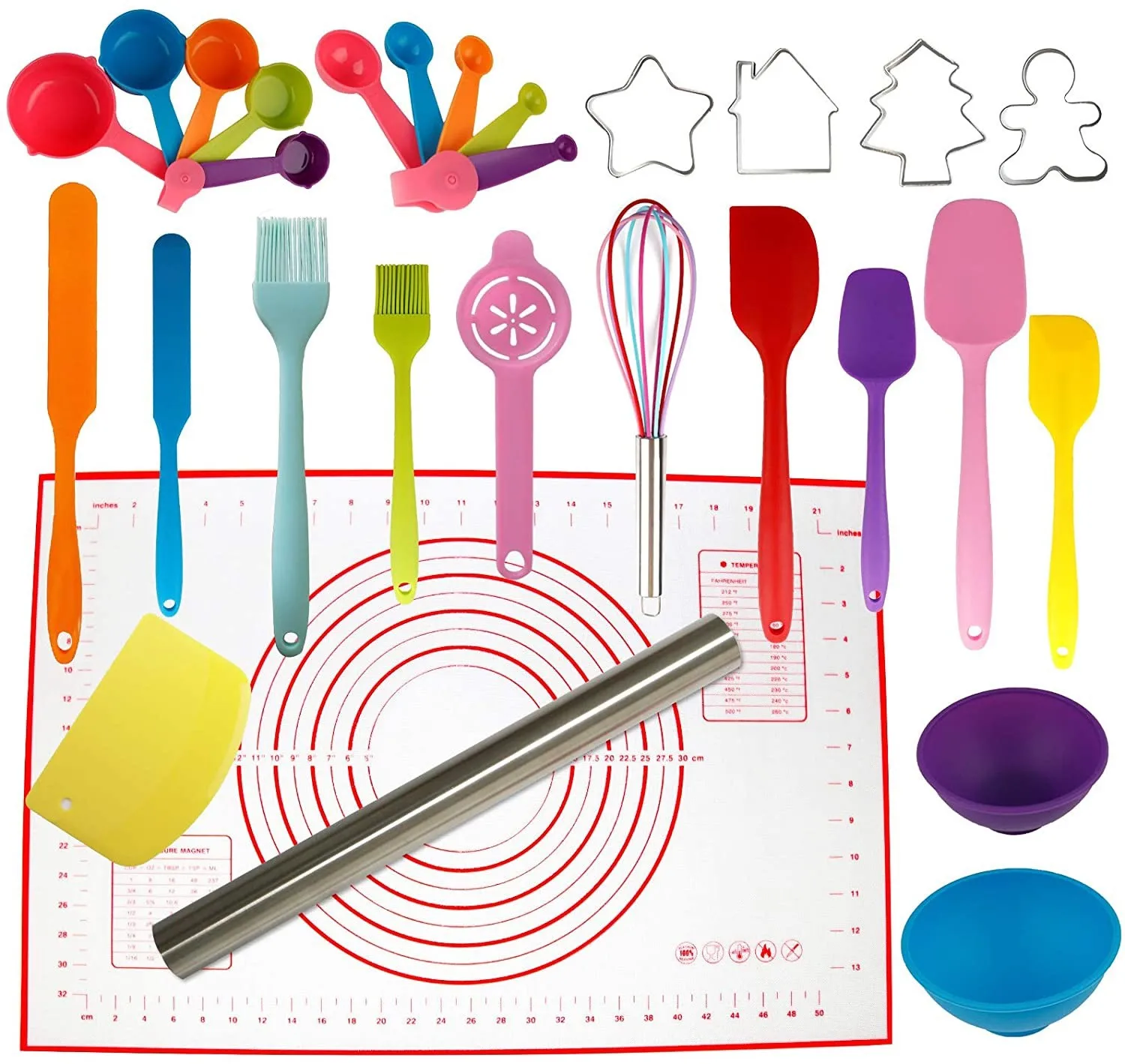 Set of 29 PCS Kitchen Utensils- Silicone Spatula Measuring Spoons and Cups Rolling Pin cookie cutters Pinch Bowls Tools Created Cookware Baking Cooking Dough Scraper Pastry Mat 