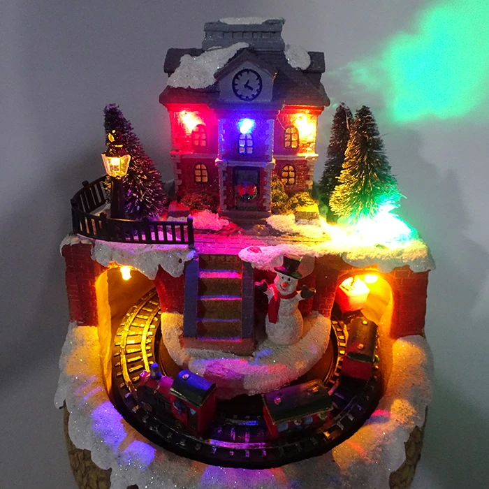 Resin Led Light Christmas Tabletop Christmas Village Scene W/rotating