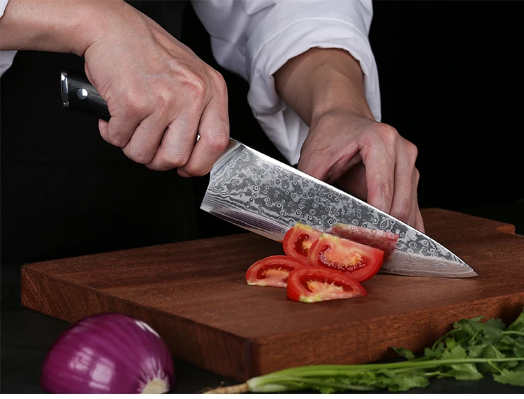 kitchen chef knife 8 inch damascus With precisely controlled vacuum heat treatment, the hardness is up to HRC60 rockwell, which delivers long lasting edge retention and extraordinary anti-corrosion.
