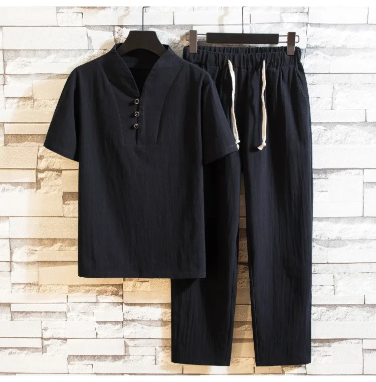 Wholesale Cotton Linen Suit Combination Shirt With Trousers Men's ...