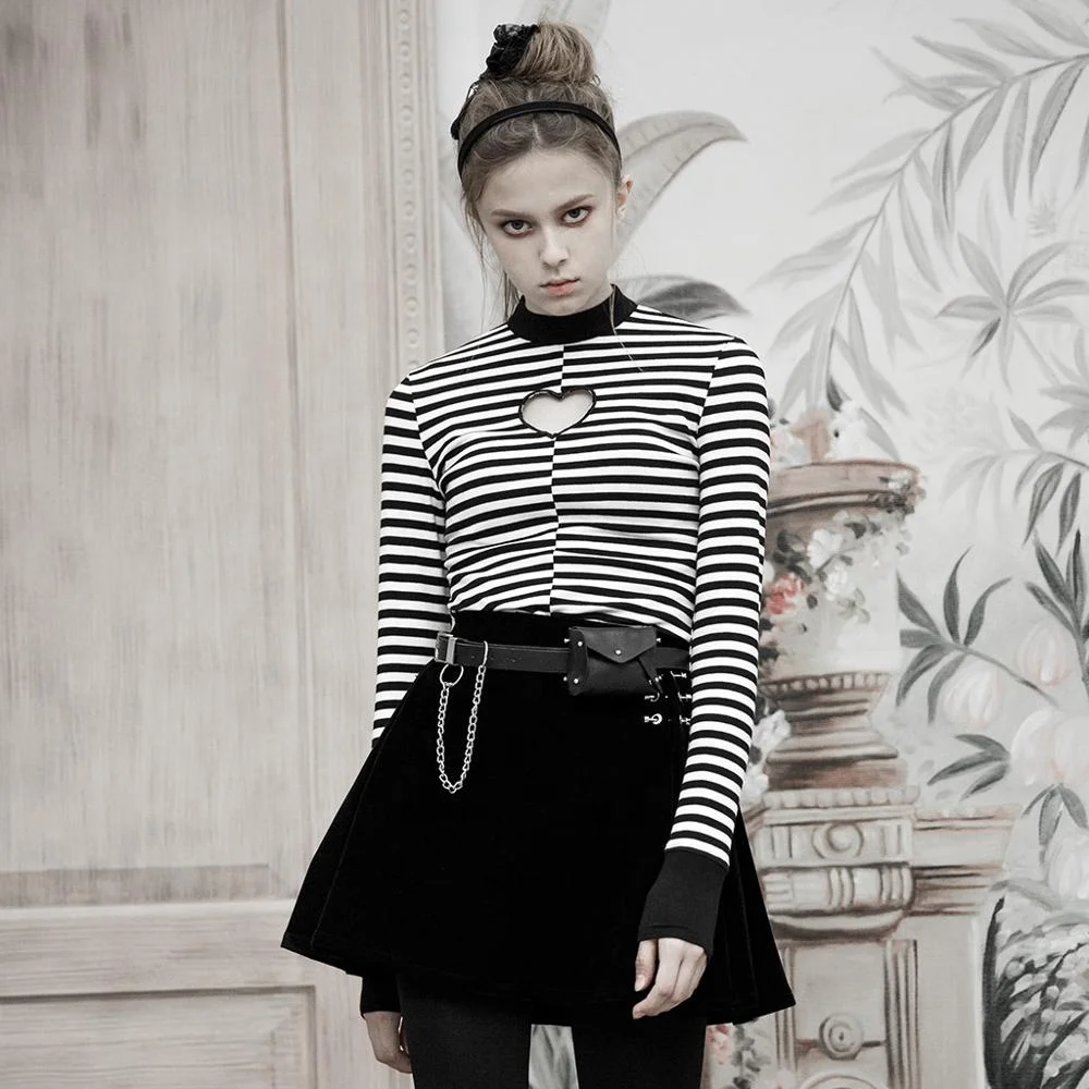 
OPT-280 PUNKRAVE vertical collar love hollowed tight T-shirt black white long sleeve factory shirt 