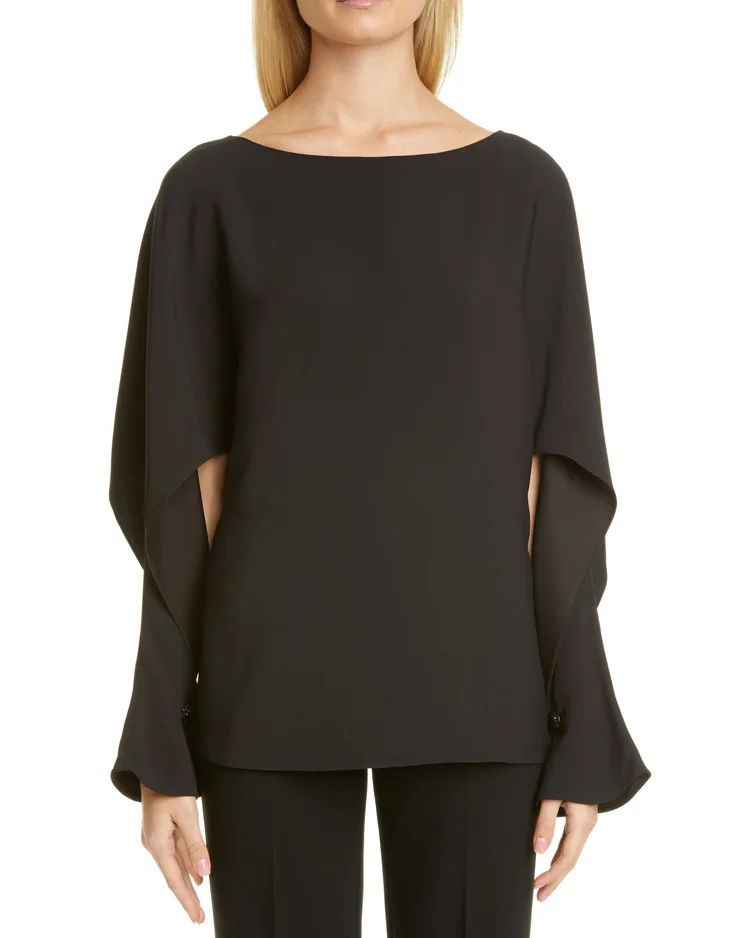 船领荷叶边喇叭袖女士绉纱衬衫和衬衫女