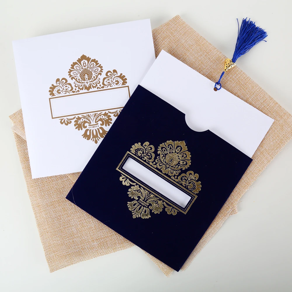 Online Wholesale Cheap Hindu Navy Blue Velvet Pocket Wedding Invitations
