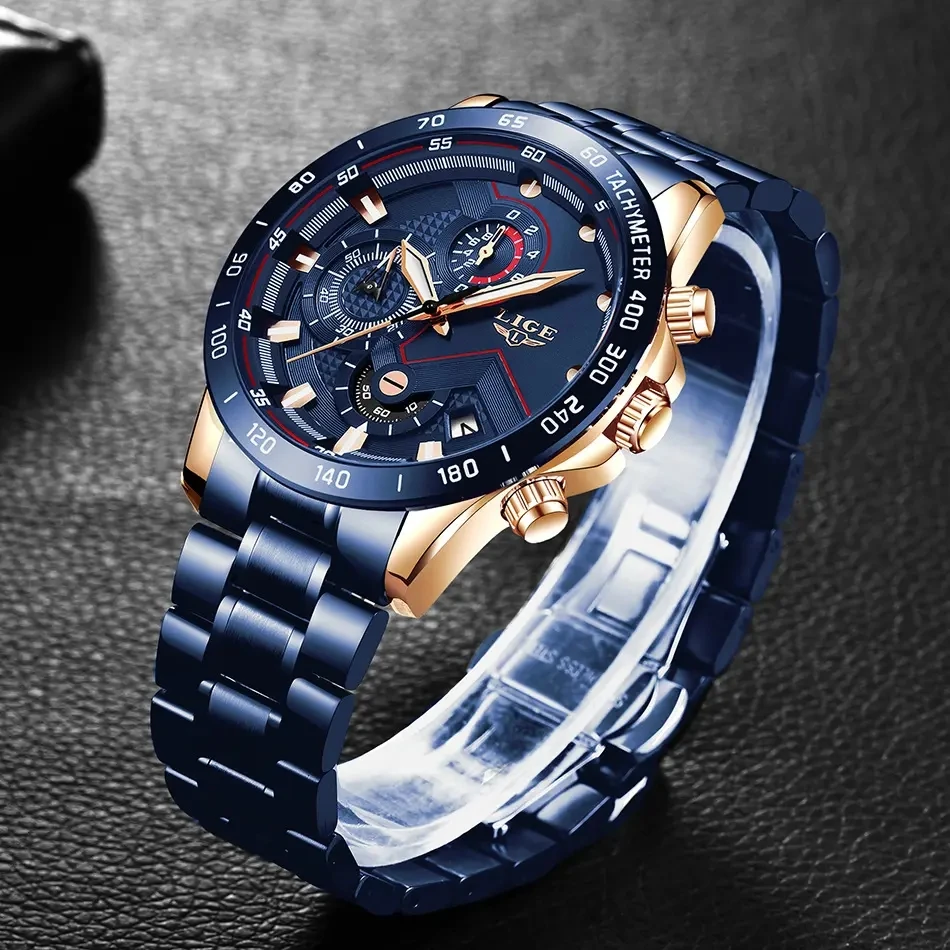 LIGE 9982 Luxury Stainless Steel Chronograph Quartz Wristwatch for