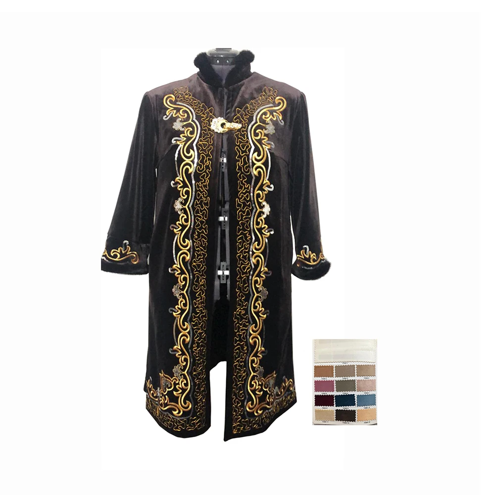 
Velor Fabric Clothes Kazakhstan Female Beshmet With Gold Ornaments 