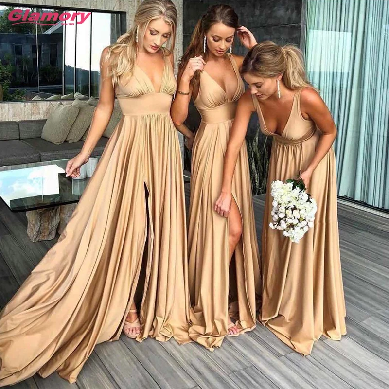 Gold Sexy Slit Long Chiffon Prom Party Gowns Empire Waist Latest Adult  Cheap Bridesmaid Dresses