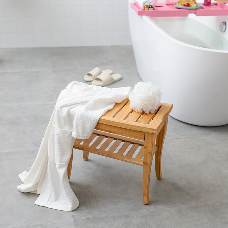 XGao Bamboo Shower Bench Seat Wooden Spa Bath Deluxe Organizer Stool with Storage Shelf for Seating Chair Perfect for Bathroom Home Indoor Or Outdoor for Adults Seniors 