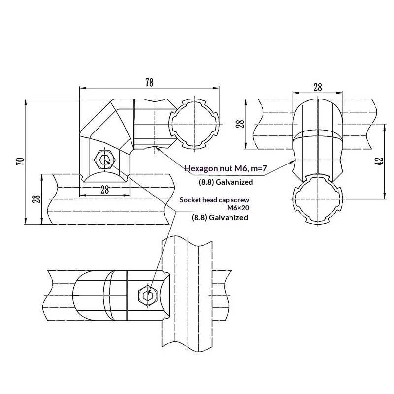 product cross reinforcement joint 28mm third generation wire rod grade 1000 series aluminum alloy angle 90 degree profile pipe connector-15