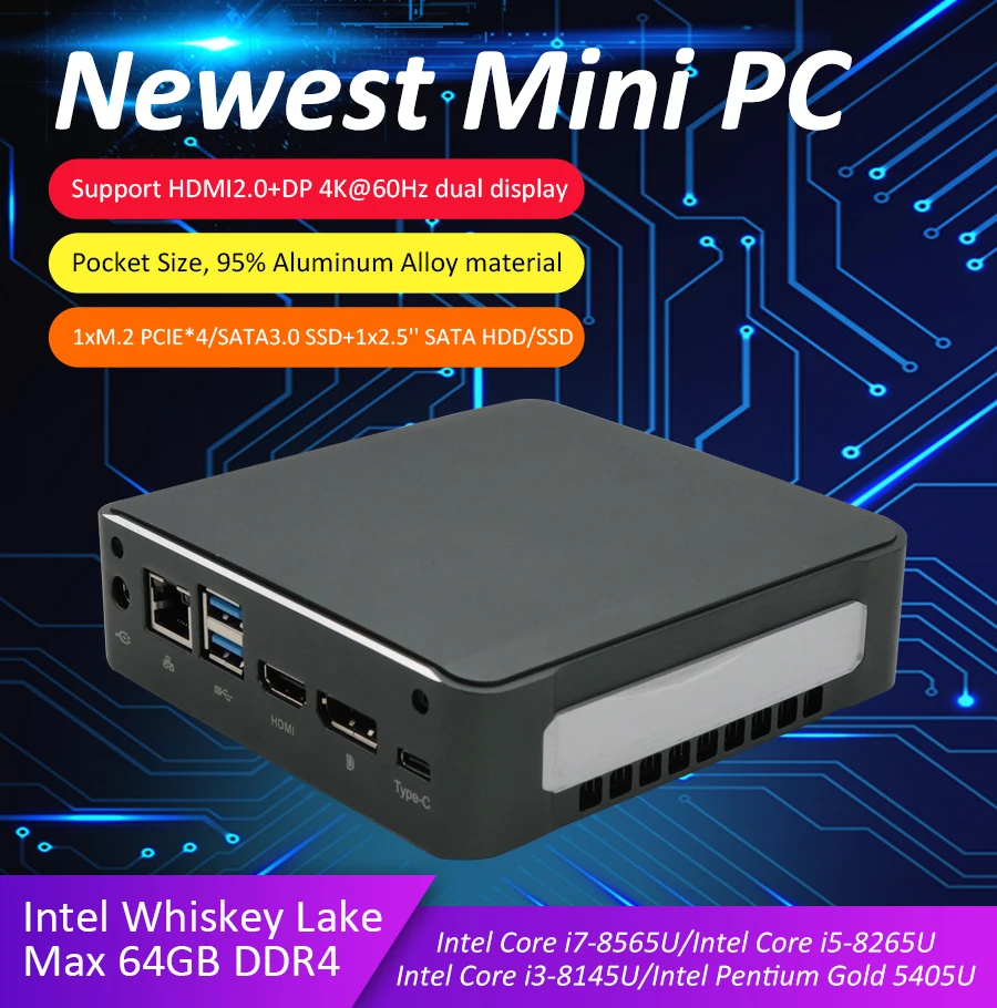 NVISEN Y-MU01 Mini PC Intel Core i7-8565U/i7-10510U 2*DDR4 256/512G Intel  HD Graphics Windows10 Linux