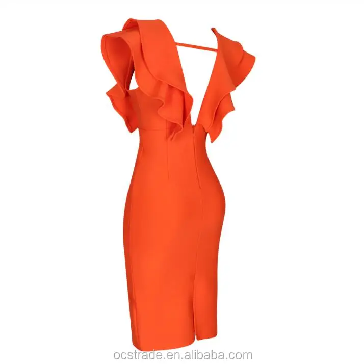 Womens Orange Black White Deep V Neck Backless Ruched Bandaged Dresses ...