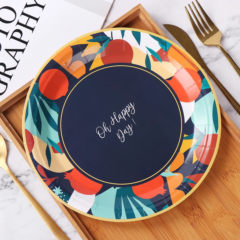 Pomegranate Camping Paper Plates Happy Day Black Decorative Disposable Dinner Tray 10PCS/BAG for Tables factory
