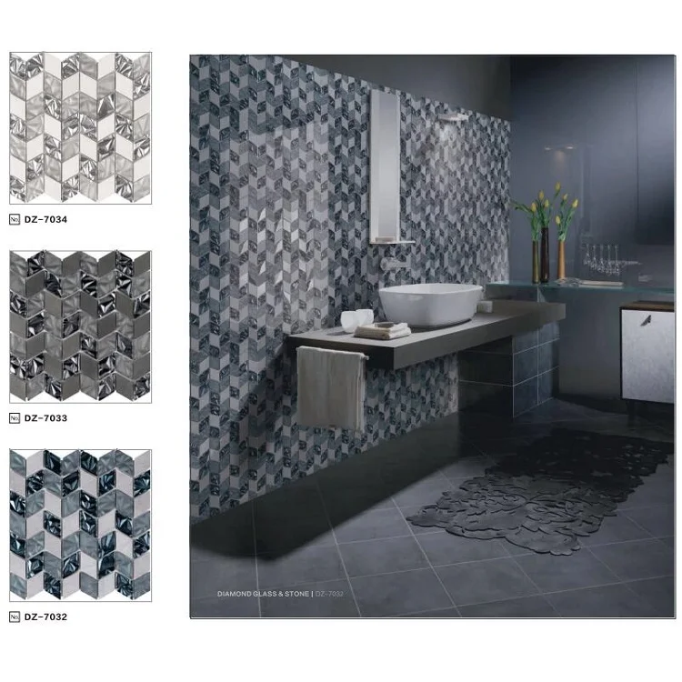 Top Selling Laminated Glass Mosaic tile Diamond glass and stone mosaic for bathroom and kitchen Foshan China