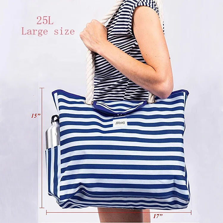 Blue Stripes 100% Waterproof Canvas Big Capacity Travel Beach Tote Luggage Bag with Cotton Rope Handles and Two Outside Pockets