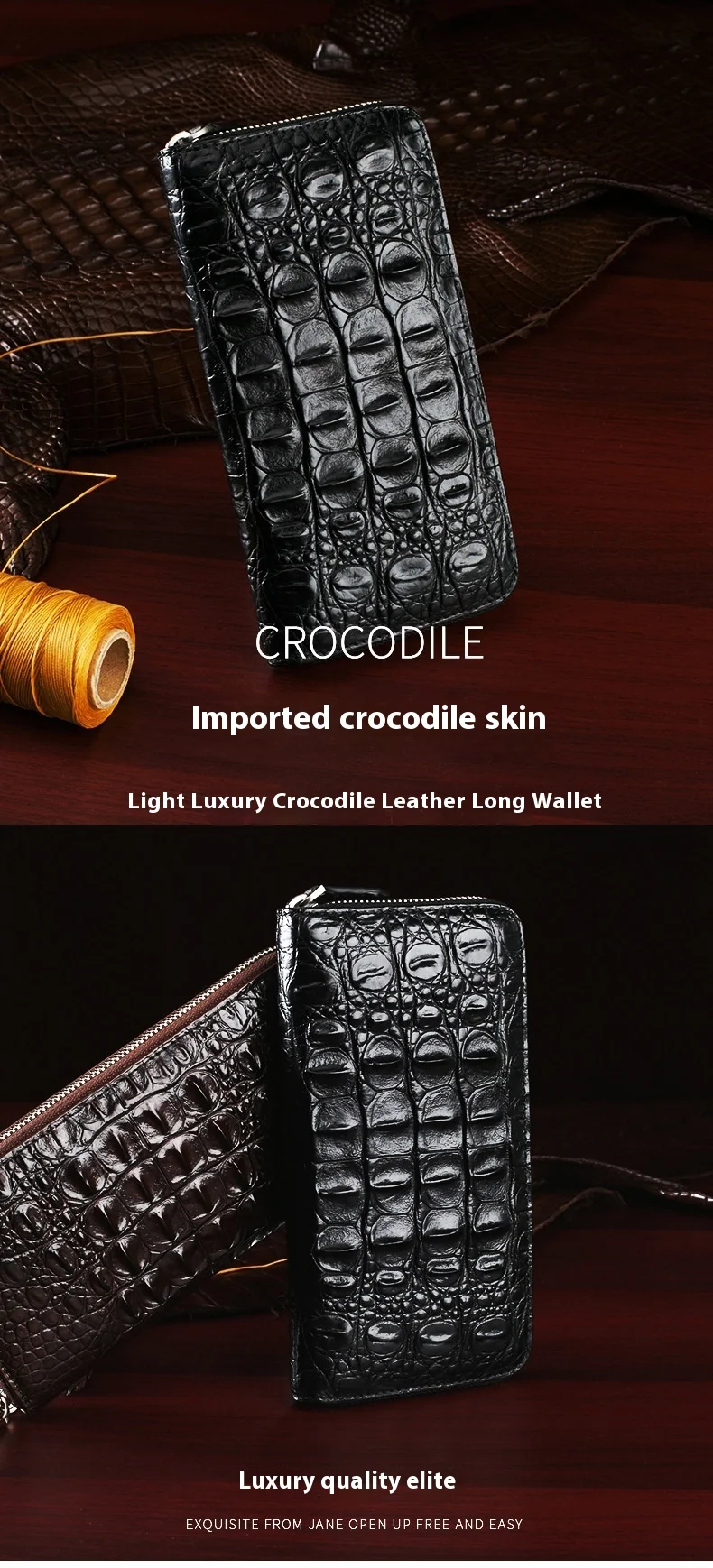 Wholesale Men's Genuine Siamese Crocodile Leather Clutch Bag Long Wallet Small Handbag with Zipper Closure Alligator Pattern
