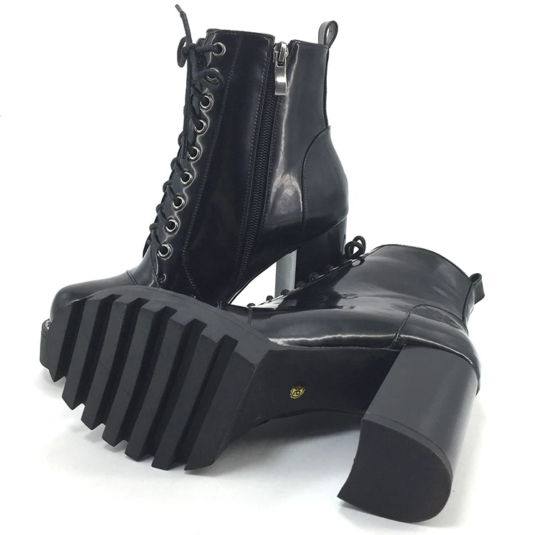 Block Heels Custom Dress Shoes Lace Up Shiny Black Patent Pu Leather Sexy Chunky Heel Platform Clear High Heel Boots