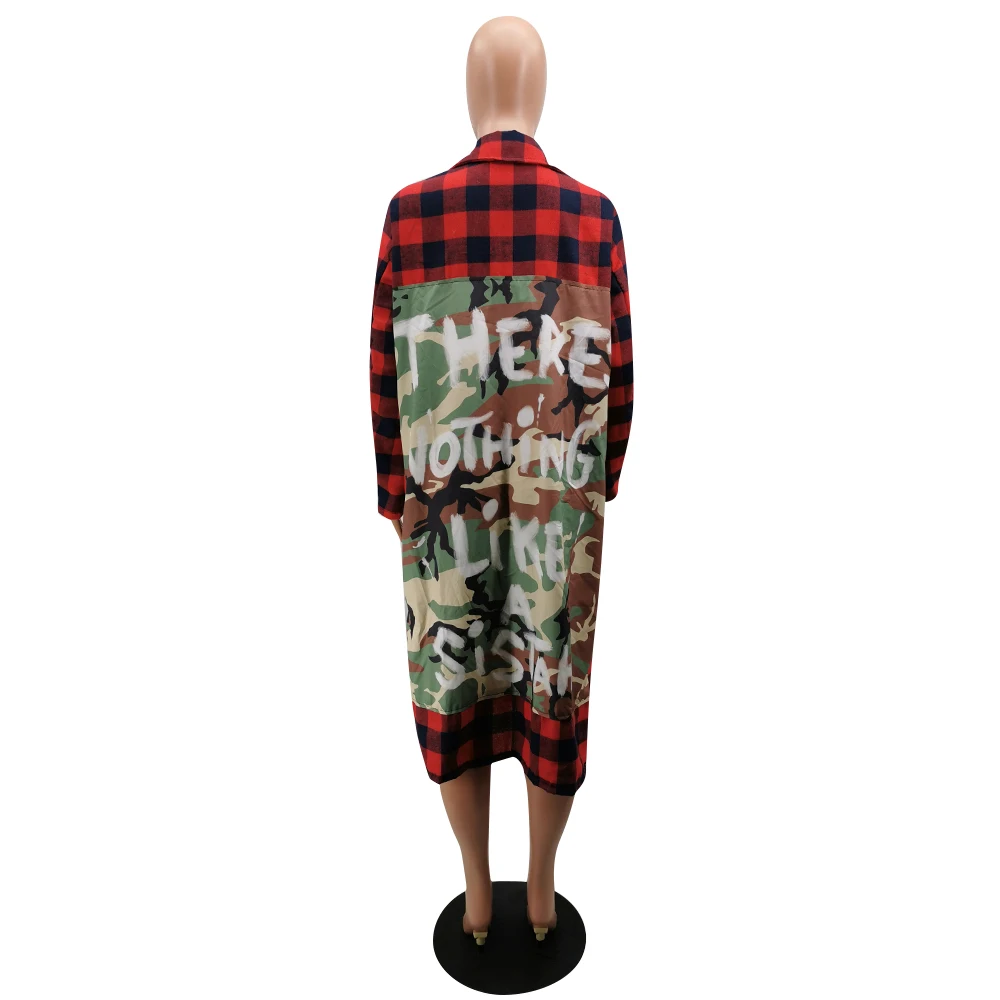 Women Long Coat Plaid Grid Printed Winter Autumn Fall Cardigan Long Letters Camo Print Floral Maxi Jacket for Ladies