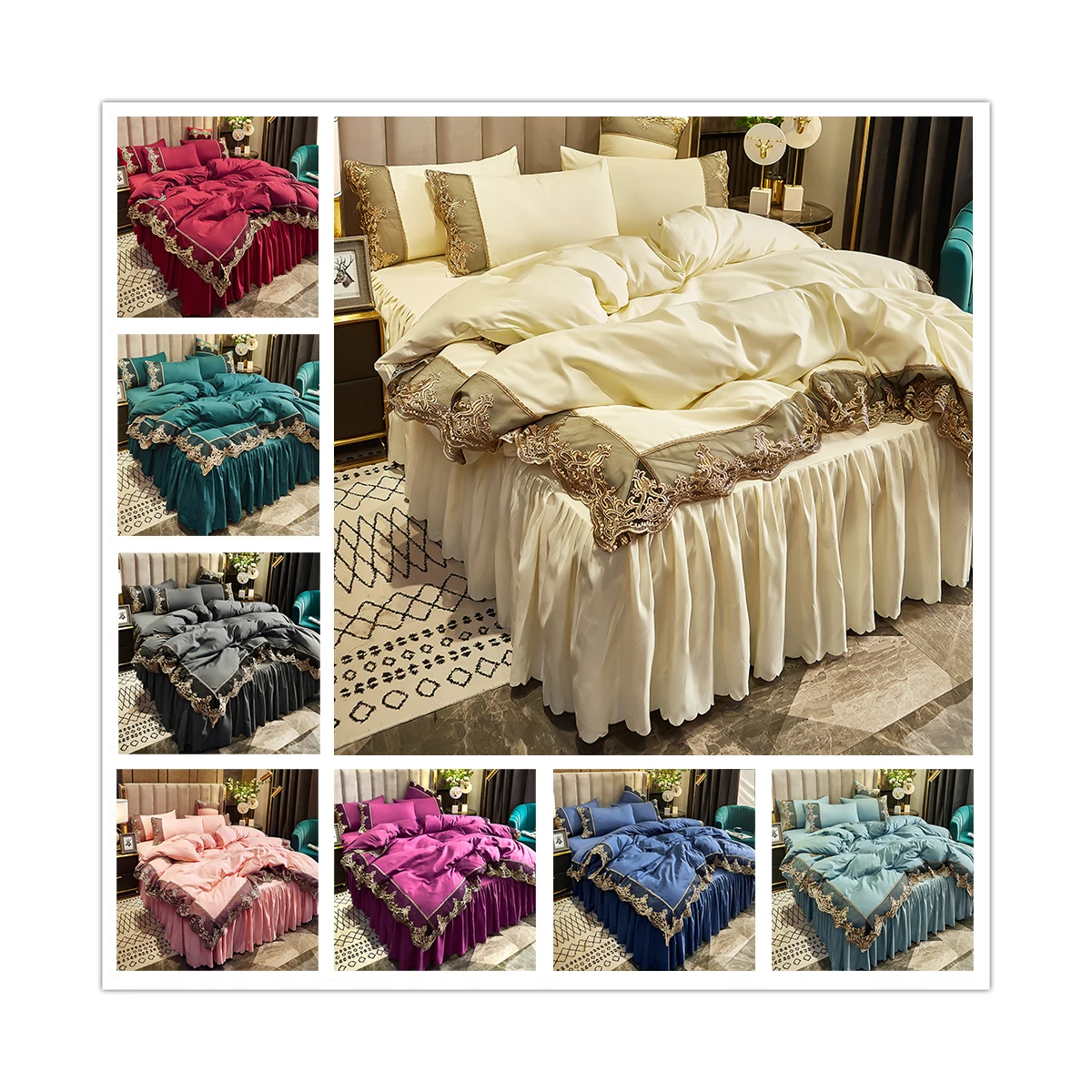 Princess Style Solid Color Wedding Bed Sheet And Duvet Cover Fourpiece